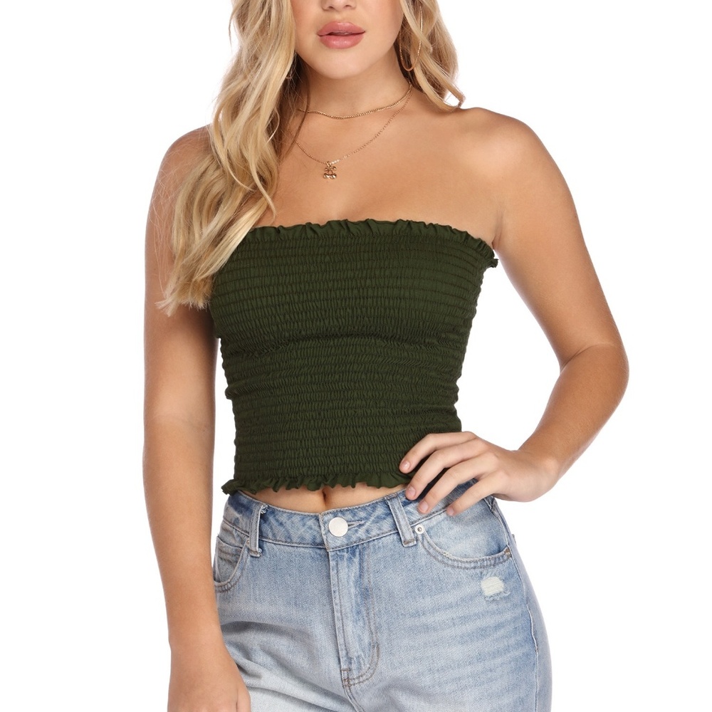 Olive Green Smocked Tube Top - Picture 3 of 3